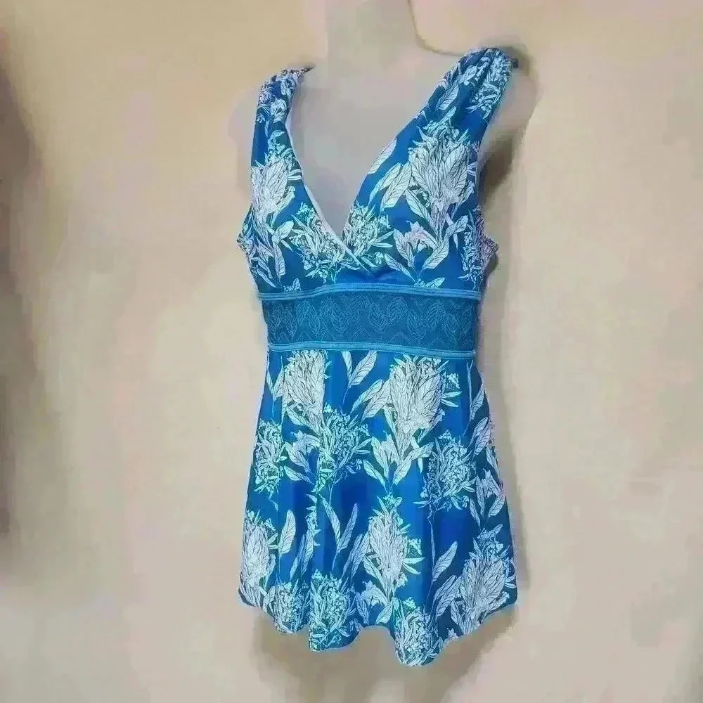 NWOT Sky Blue & White XL Swimdress‎ Top Only Wide Lace Band Gathered Shoulders